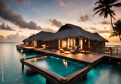 Fototapeta Naklejka Na Ścianę i Meble -  Ocean's Embrace: Maldives' Overwater Bungalow Serenity.