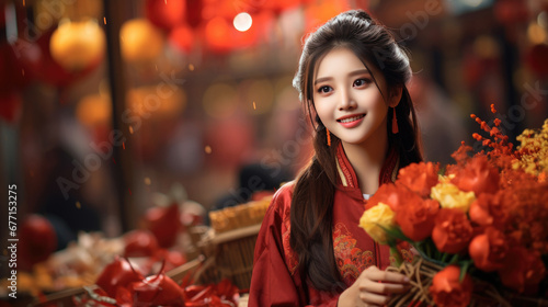 Vogue Chinese girl wears a red traditional clothing in Chinese lunar New Year supermarket background © hakule