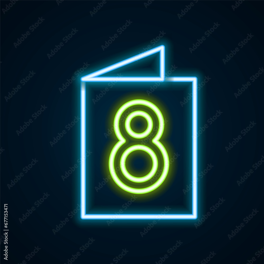Glowing neon line Greeting card with 8 March icon isolated on black background. International Happy Women Day. Colorful outline concept. Vector Glowing neon line Greeting card with 8 March icon isolated on black background. International Happy Women Day. Colorful outline concept. Vector