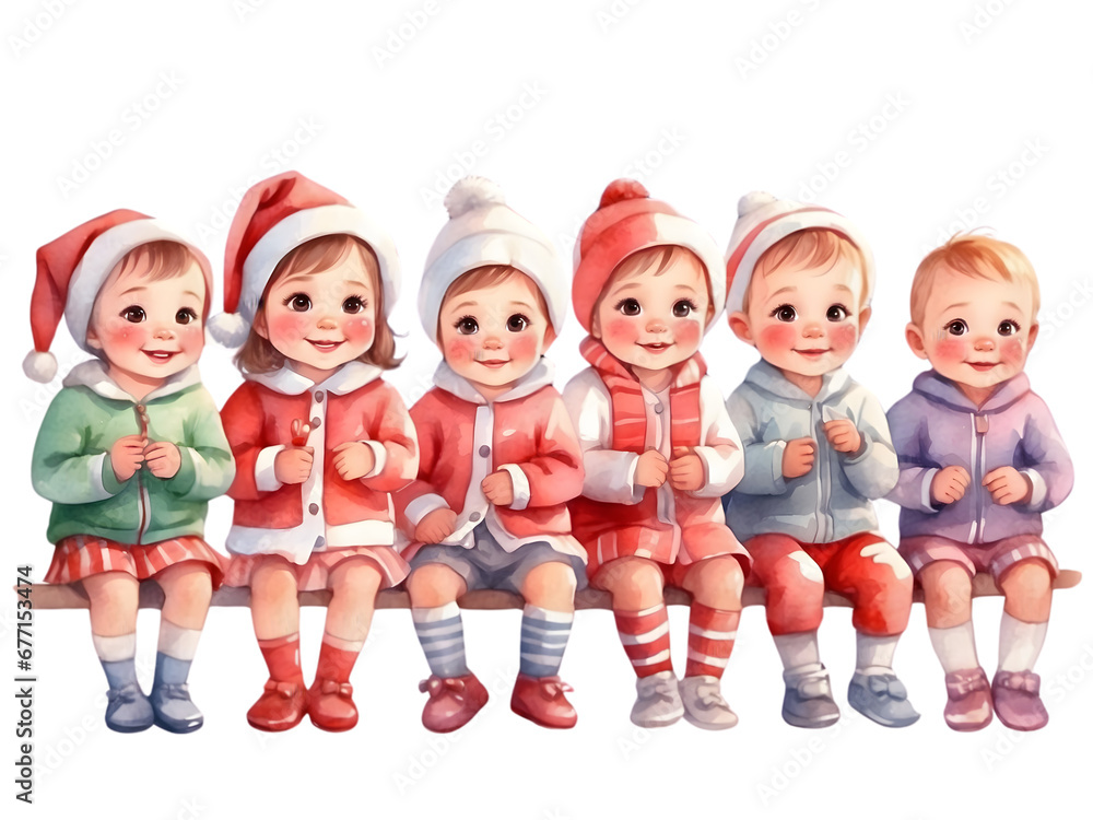 Six cute babies sitting on the bench wearing Christmas clothes.Xmas season. Six cute babies sitting on the bench wearing Christmas clothes.Xmas season.