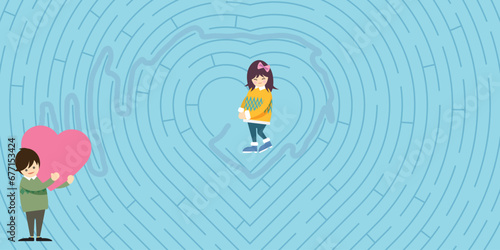 Couple of lover in maze labyrinth game concept flat design vector illustration.