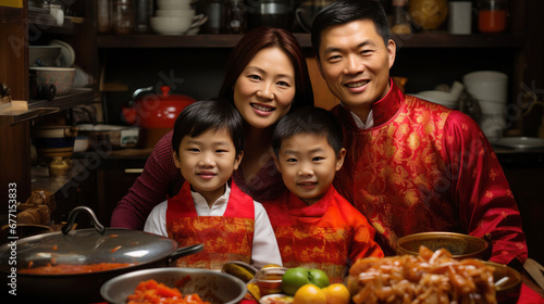 father and daughter wearing red traditional clothing at home in Chinese lunar New Year kitchen
