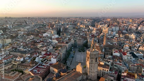 4k view of Valencia, Spain. aerial footage the Miguelet Bell Tower and Cathedral. photo
