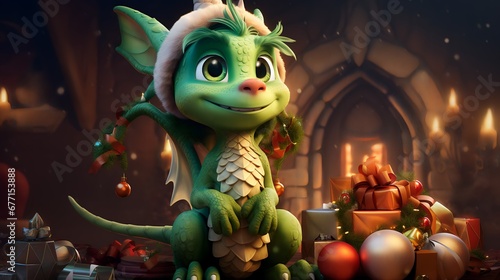 Cartoon Green Dragon Tangled in Christmas Bells