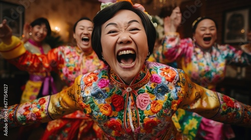 Excited Asian woman wearing traditional clothing celebrating Chinese new year