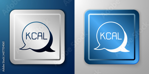 White Kcal icon isolated on isolated on blue and grey background. Health food. Silver and blue square button. Vector