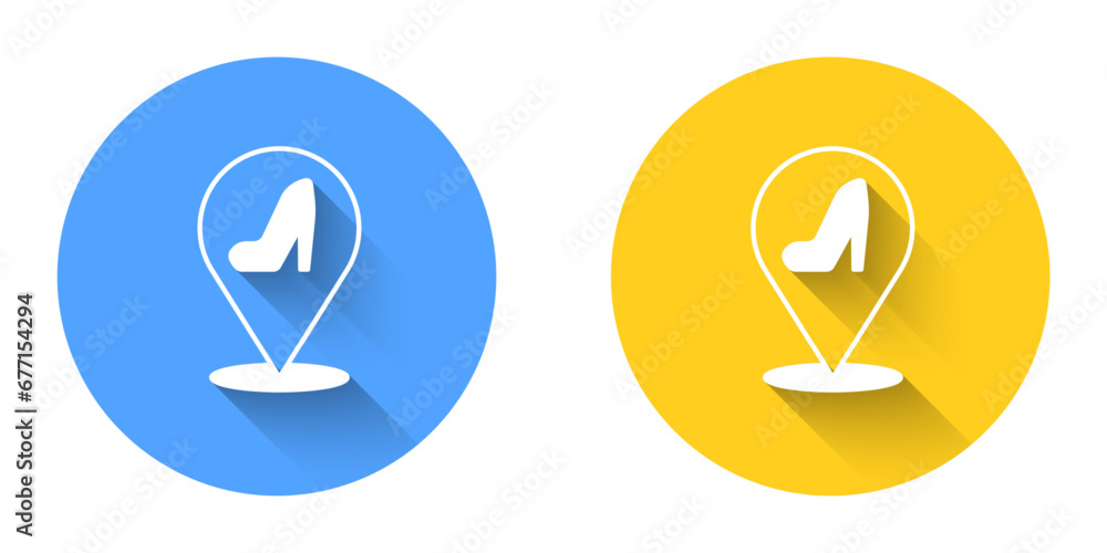 White Woman shoe with high heel icon isolated with long shadow background. Circle button. Vector White Woman shoe with high heel icon isolated with long shadow background. Circle button. Vector