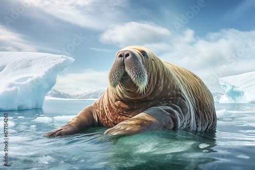 Global warming or climate change concepts with north pole ice melting.ozone environment and Walrus animal life.greenhouse effect.save the world for future living