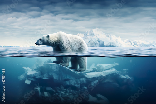 Global warming or climate change concepts with north pole ice melting.ozone environment and polar bear animal life.greenhouse effect.save the world for future living