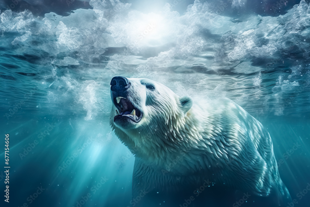 Global warming or climate change concepts with north pole ice melting.ozone environment and polar bear animal life.greenhouse effect.save the world for future living - obrazy, fototapety, plakaty 