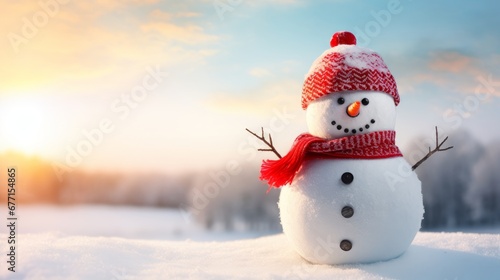 Happy snowman with bright red hat and mittens in a snowy landscape © Muh