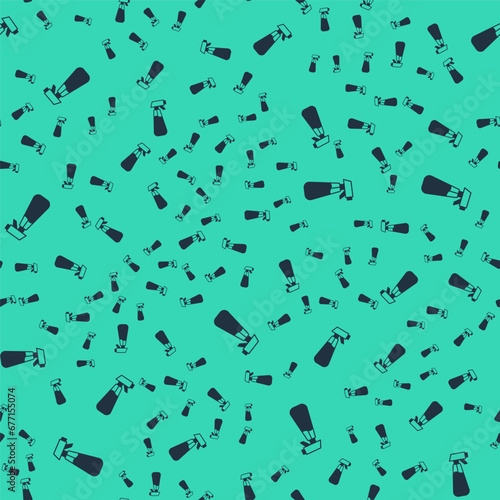 Black Garden sprayer for water, fertilizer, chemicals icon isolated seamless pattern on green background. Vector