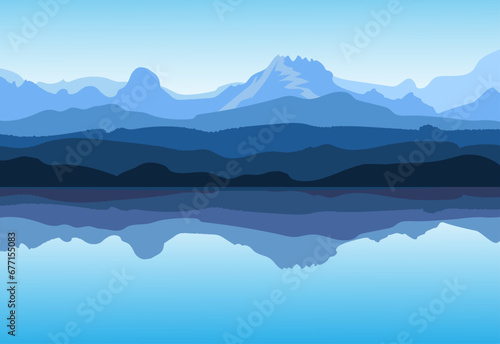 View of blue mountains. Picturesque reflection in the lake  mountains . Vector illustration.