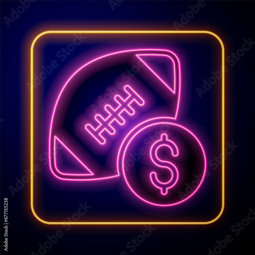 Glowing neon American football betting money icon isolated on black background. Football bet bookmaker. Soccer betting online make money. Vector