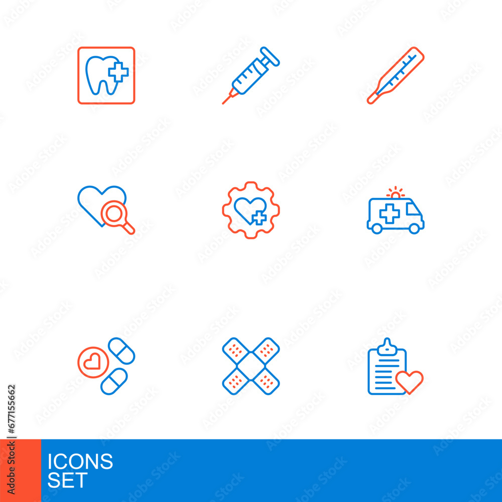 Set line Patient record, Crossed bandage plaster, Medicine pill tablet, Ambulance car, Medical heart inspection, Heart with cross, thermometer and Syringe icon. Vector Set line Patient record, Crossed bandage plaster, Medicine pill tablet, Ambulance car, Medical heart inspection, Heart with cross, thermometer and Syringe icon. Vector