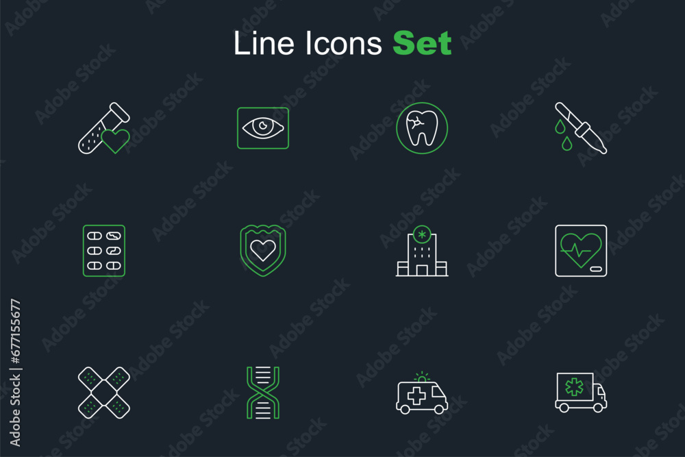 Set line Ambulance car, DNA symbol, Crossed bandage plaster, Heart rate, Hospital building, Immune system and Pills blister pack icon. Vector Set line Ambulance car, DNA symbol, Crossed bandage plaster, Heart rate, Hospital building, Immune system and Pills blister pack icon. Vector