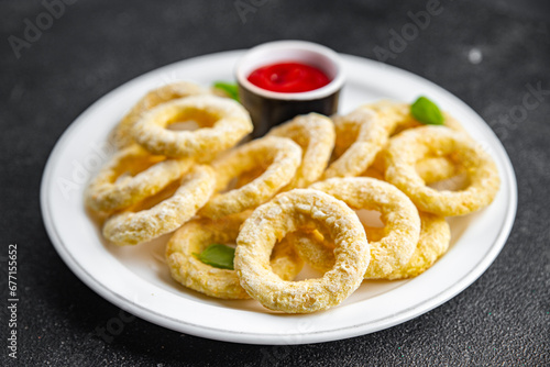 onion rings  fast food deep fryer batter tomato sauceeating cooking appetizer meal food snack on the table copy space food background rustic top view