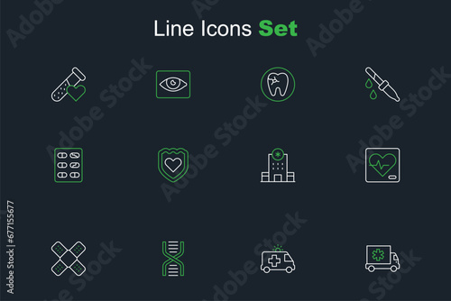 Set line Ambulance car, DNA symbol, Crossed bandage plaster, Heart rate, Hospital building, Immune system and Pills blister pack icon. Vector