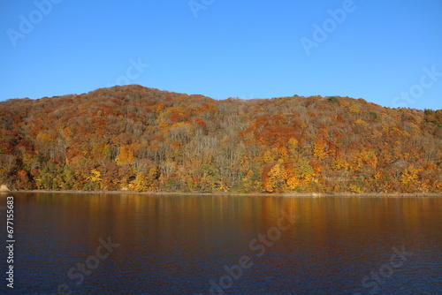 Autumn scenery of Lake Hibara and mountains with autumn leaves in Urabandai, Fukushima, Japan