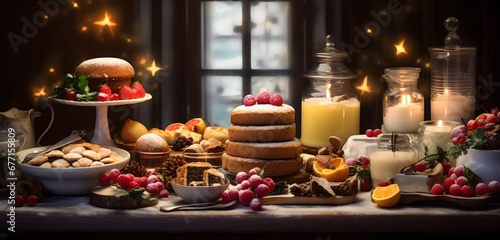 Festive Breakfast Table with Christmas-Themed Food and Decorations