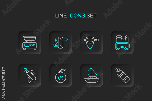 Set line Aqualung, Yacht sailboat, Bomb, Fishing harpoon, Diving mask, net, Swiss army knife and Electronic scales icon. Vector