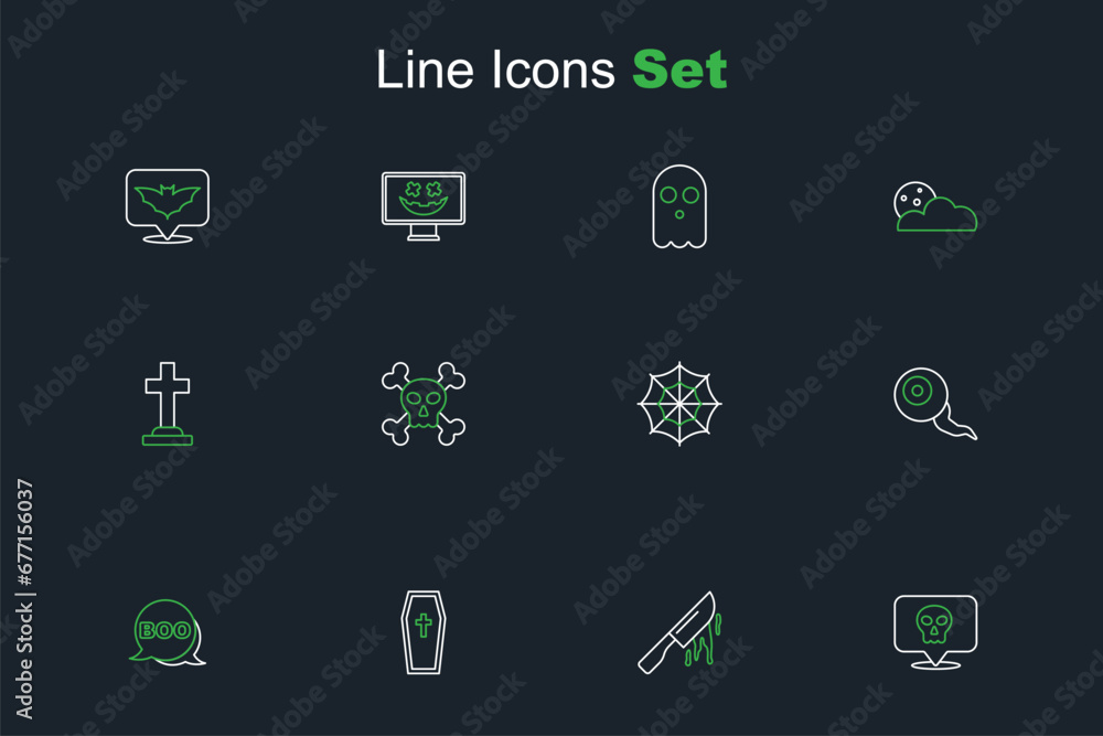 Set line Skull, Bloody knife, Coffin with christian cross, Boo speech bubble, Eye, Spider web, on crossbones and Tombstone icon. Vector