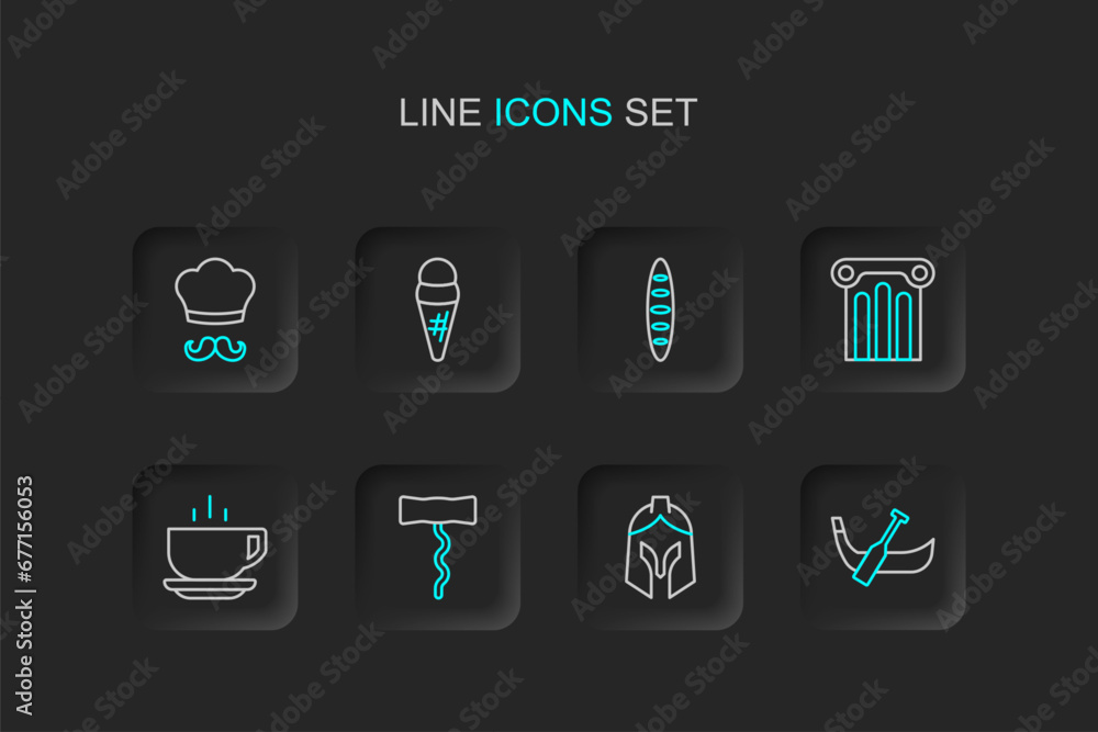 Set line Gondola boat, Roman army helmet, Wine corkscrew, Coffee cup, Ancient column, French baguette bread, Ice cream waffle and Italian cook icon. Vector Set line Gondola boat, Roman army helmet, Wine corkscrew, Coffee cup, Ancient column, French baguette bread, Ice cream waffle and Italian cook icon. Vector