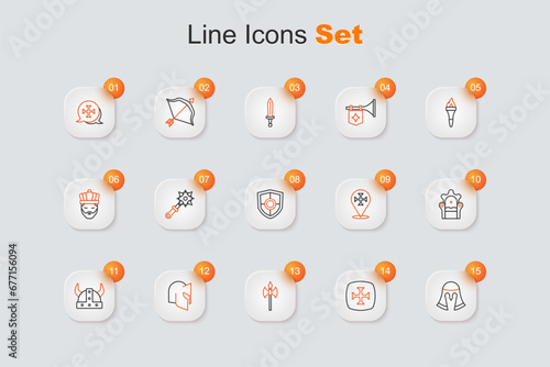 Set line Medieval helmet, Crusade, axe, Viking in horned, throne, and Shield icon. Vector