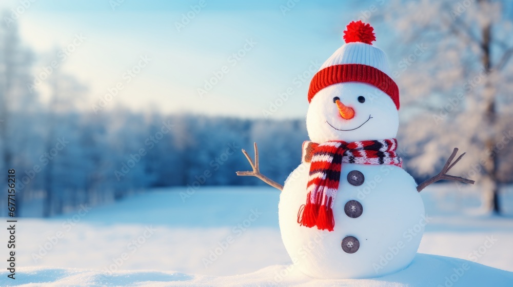 Happy snowman with bright red hat and mittens in a snowy landscape