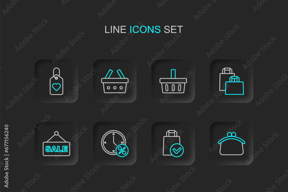 Set line Wallet, Paper shopping bag, Clock and percent discount, Hanging sign with text Sale, Shopping basket, and Heart tag icon. Vector Set line Wallet, Paper shopping bag, Clock and percent discount, Hanging sign with text Sale, Shopping basket, and Heart tag icon. Vector