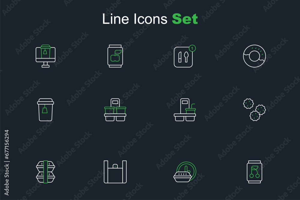 Set line Soda can, Round the clock delivery, Online ordering food, Lunch box, Cookie biscuit, Coffee cup to go, and Cup tea icon. Vector Set line Soda can, Round the clock delivery, Online ordering food, Lunch box, Cookie biscuit, Coffee cup to go, and Cup tea icon. Vector