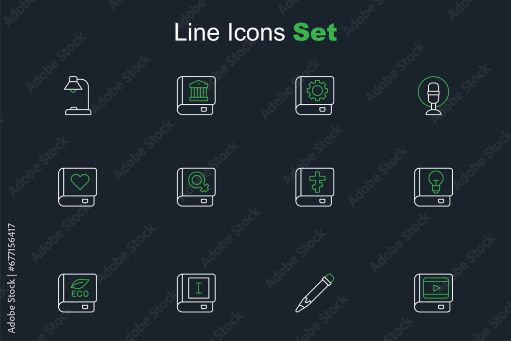 Naklejka premium Set line Book about cinema, Pencil with eraser, ecology, User manual, Holy bible book, women and Romance icon. Vector