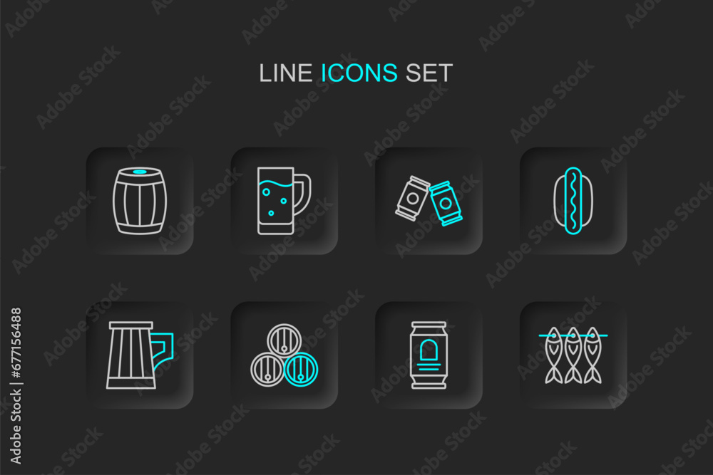 Set line Dried fish, Beer can, Wooden barrel, beer mug, Hotdog sandwich, Glass of and icon. Vector