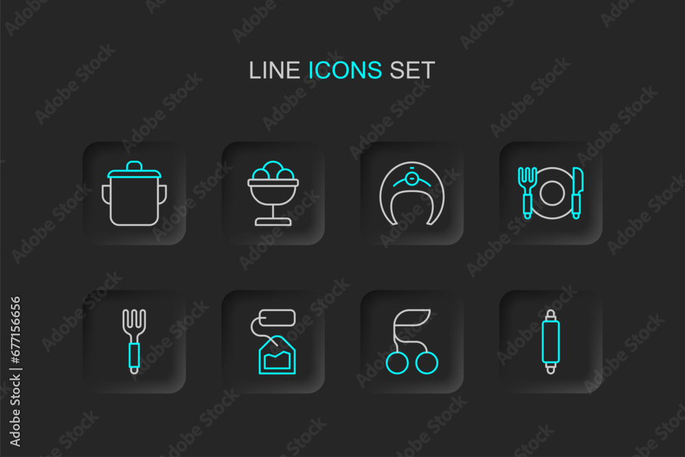 Set line Rolling pin, Fresh berries, Tea bag, Fork, Plate, fork and knife, Fish steak, Ice cream the bowl and Cooking pot icon. Vector