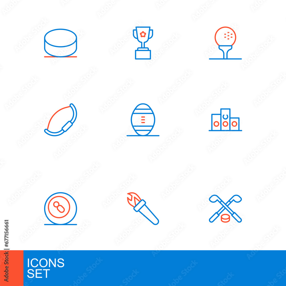 Set line Ice hockey sticks and puck, Torch flame, Billiard pool snooker ball, Award over sports winner podium, Medieval bow, American Football, Golf on tee and cup icon. Vector Set line Ice hockey sticks and puck, Torch flame, Billiard pool snooker ball, Award over sports winner podium, Medieval bow, American Football, Golf on tee and cup icon. Vector