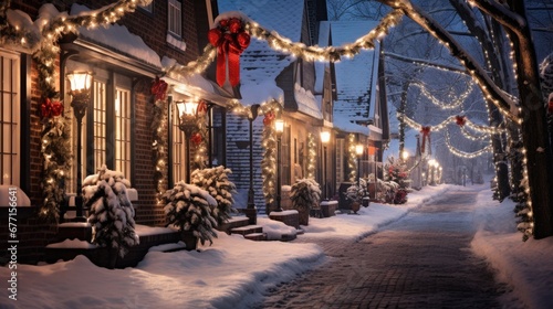 Snowy sidewalk by brick houses with festive garland lights and bows on a tranquil night. © Antonio