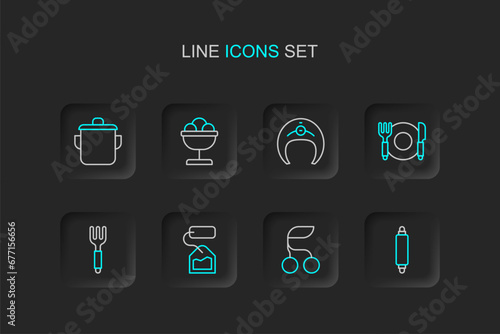 Set line Rolling pin, Fresh berries, Tea bag, Fork, Plate, fork and knife, Fish steak, Ice cream the bowl and Cooking pot icon. Vector