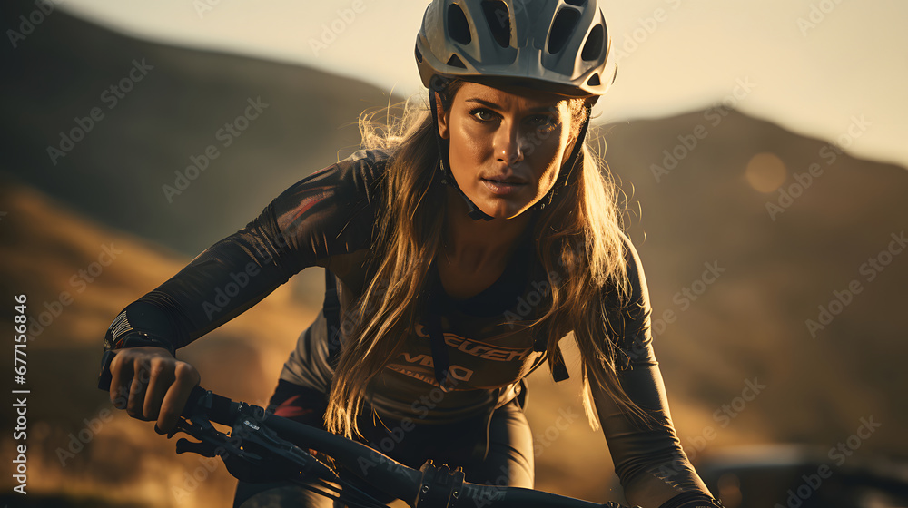 Pretty young woman riding her bike on a mountain trail