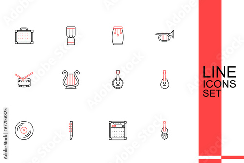 Set line Violin, Guitar amplifier, Flute, Vinyl disk, Banjo, Ancient Greek lyre and Drum with drum sticks icon. Vector