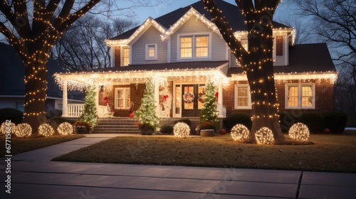 Charming house with twinkling Christmas lights and festive wreaths in early evening.