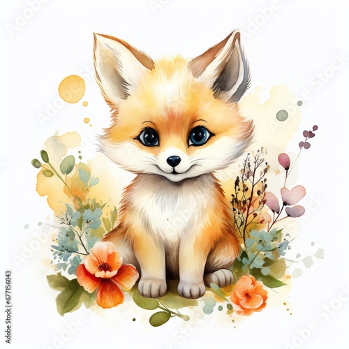 Adorable watercolor clipart of cute animal and flowers