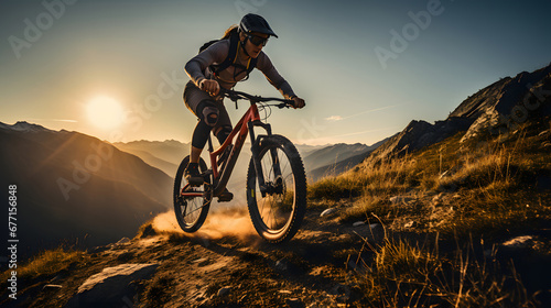 Pretty young woman riding her bike on a mountain trail