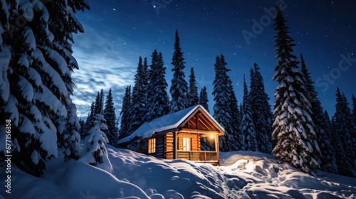 Secluded log cabin with glowing lights nestled in a snowy pine forest at night. © Antonio