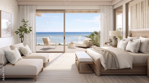 A coastal-inspired master suite with panoramic ocean views, light textiles, and beach-inspired decor.