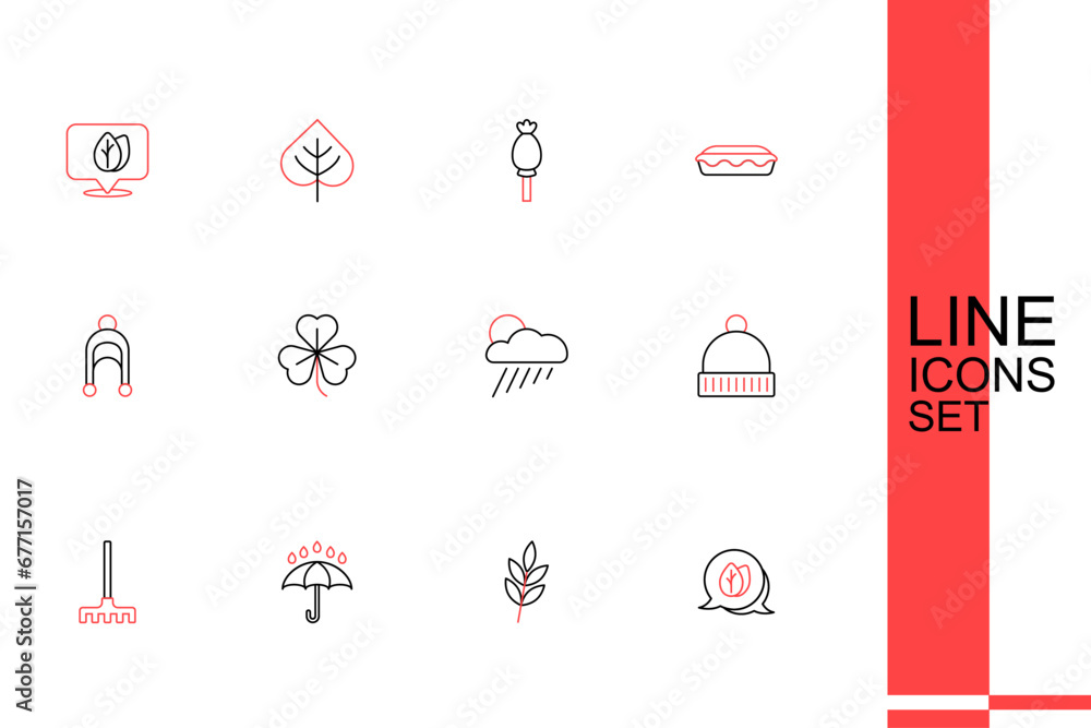 Set line Leaf, Umbrella and rain drops, Garden rake, Winter hat, Cloud with sun, Clover and icon. Vector Set line Leaf, Umbrella and rain drops, Garden rake, Winter hat, Cloud with sun, Clover and icon. Vector