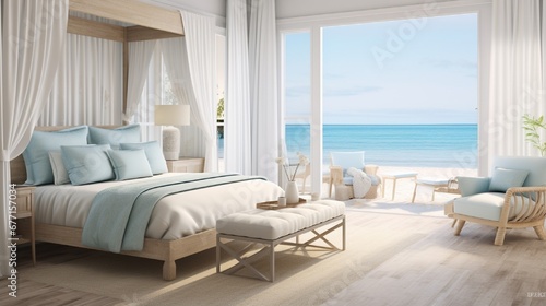 A coastal chic bedroom with a breezy color palette, seashell decor, and sheer drapery.