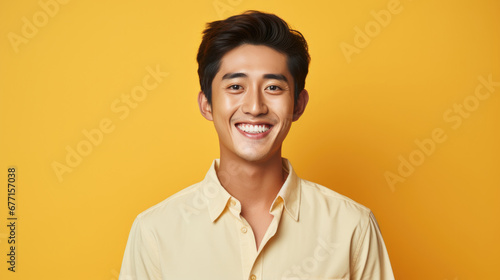 smiling handsome vogue Asian man on solid color background © hakule