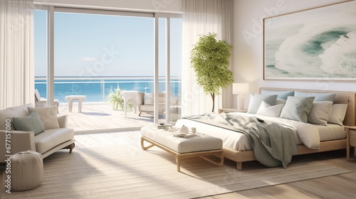 A coastal chic bedroom with a breezy color palette, seashell decor, and sheer drapery. © SHAPTOS