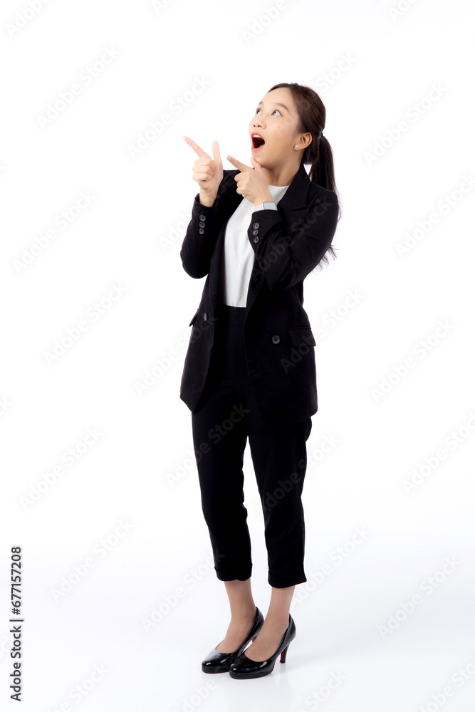 portrait young asian business woman pointing and presenting isolated on white background, advertising and marketing, executive and manager, businesswoman confident showing something with expression. portrait young asian business woman pointing and presenting isolated on white background, advertising and marketing, executive and manager, businesswoman confident showing something with expression.