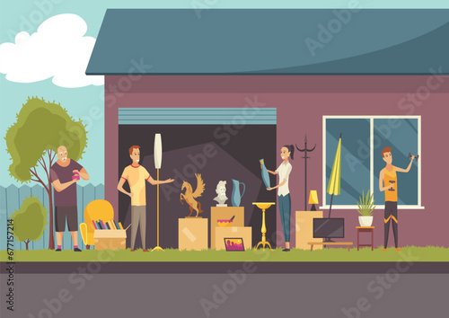 Garage sale with people. Flea market interior, place for shopping unique antique things. Sale second hand stuff, buy things, street marketing. Cartoon vector illustration